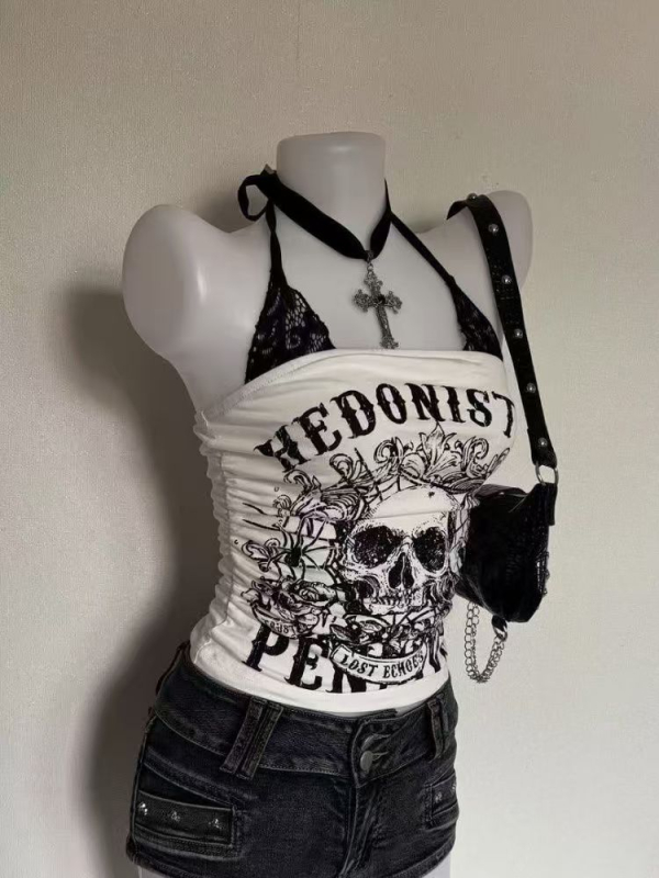 Gothic Black White Skull Print Halter Tank Top Retro Y2K Print Fitted Top